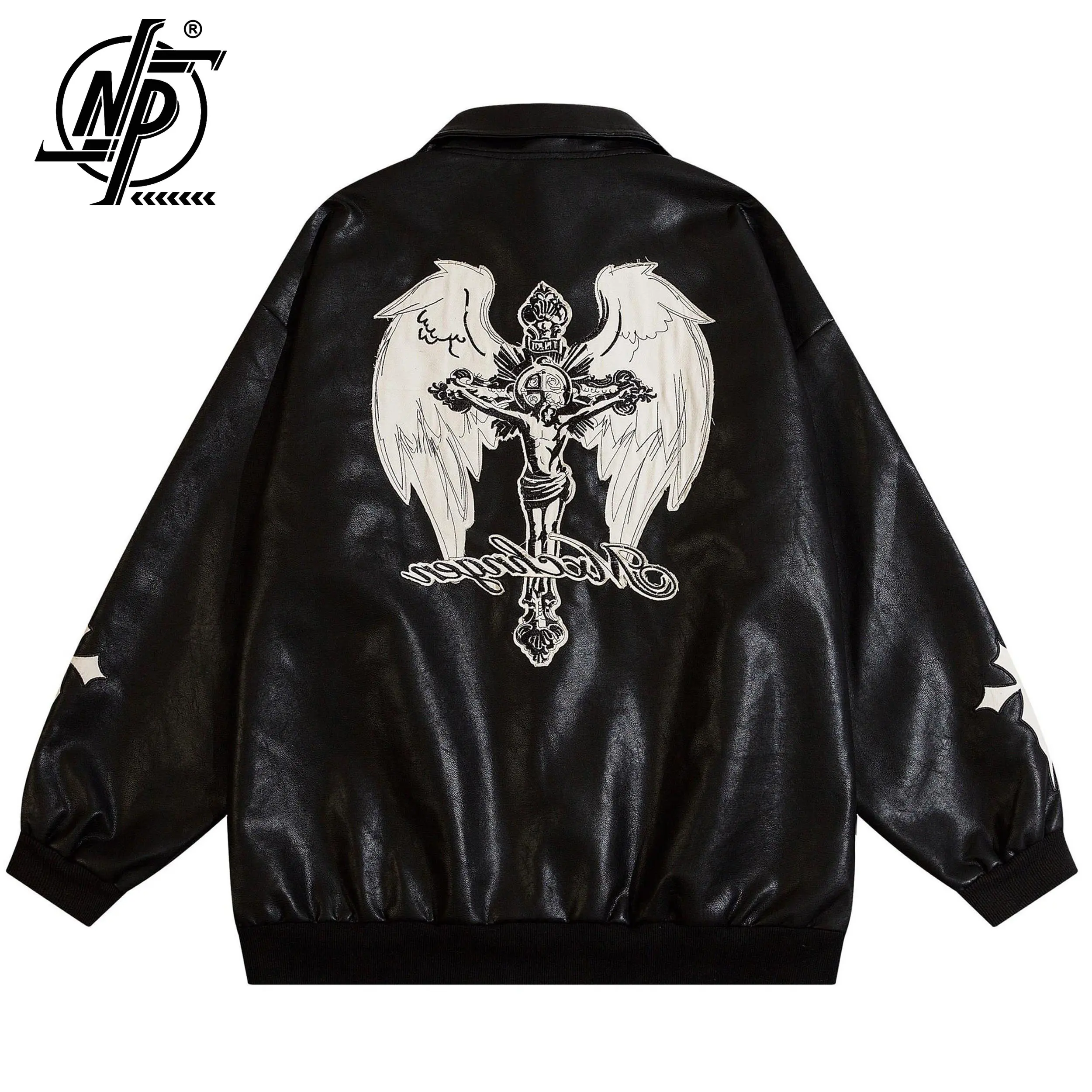 

Embroidery Bomber Leather Jacket Men Women Hip Hop Loose Motorcycle Coat Unisex High Street Varsity Baseball Outwear Autumn 2023