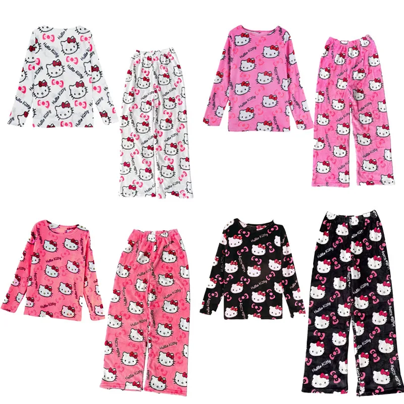 Kawaii Sanrioed Hello Kittys Cartoon Pajama Y2K Women Fall/winter Fluffy Warm Granny Trousers Fashion Loose Household Apparel