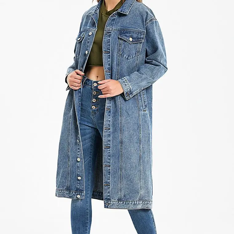 Womens Long Denim Jacket 2023 New Washed Retro Slim Fit Fashionable Top Polyester Material Thin Style Chinese Made