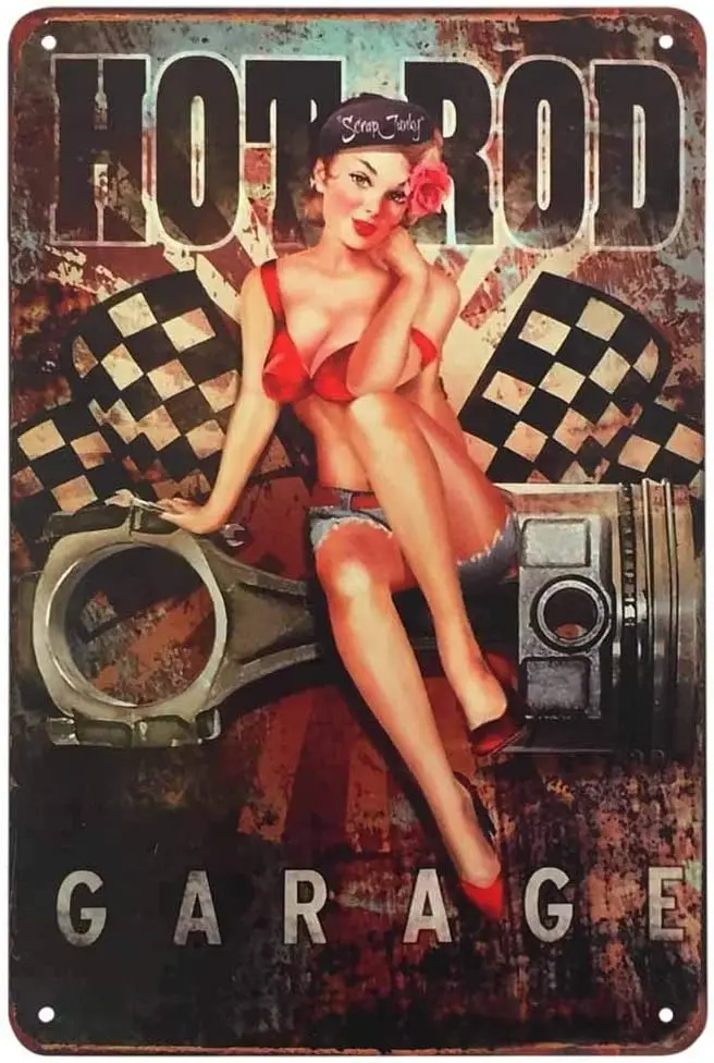 AOYEGO Pin Up Tin Sign,Hot Rod Garage Woman Beautiful With Bikini Sit Auto Parts Vintage Metal Tin Signs for Cafes Bars Pubs Sho