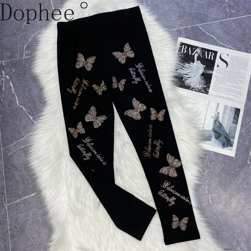 2024 New Spring Autumn Butterfly Hot Drilling Women Bottoming Pants Tight Slim Leggings Elastic Waist Ankle-length Sport Legging