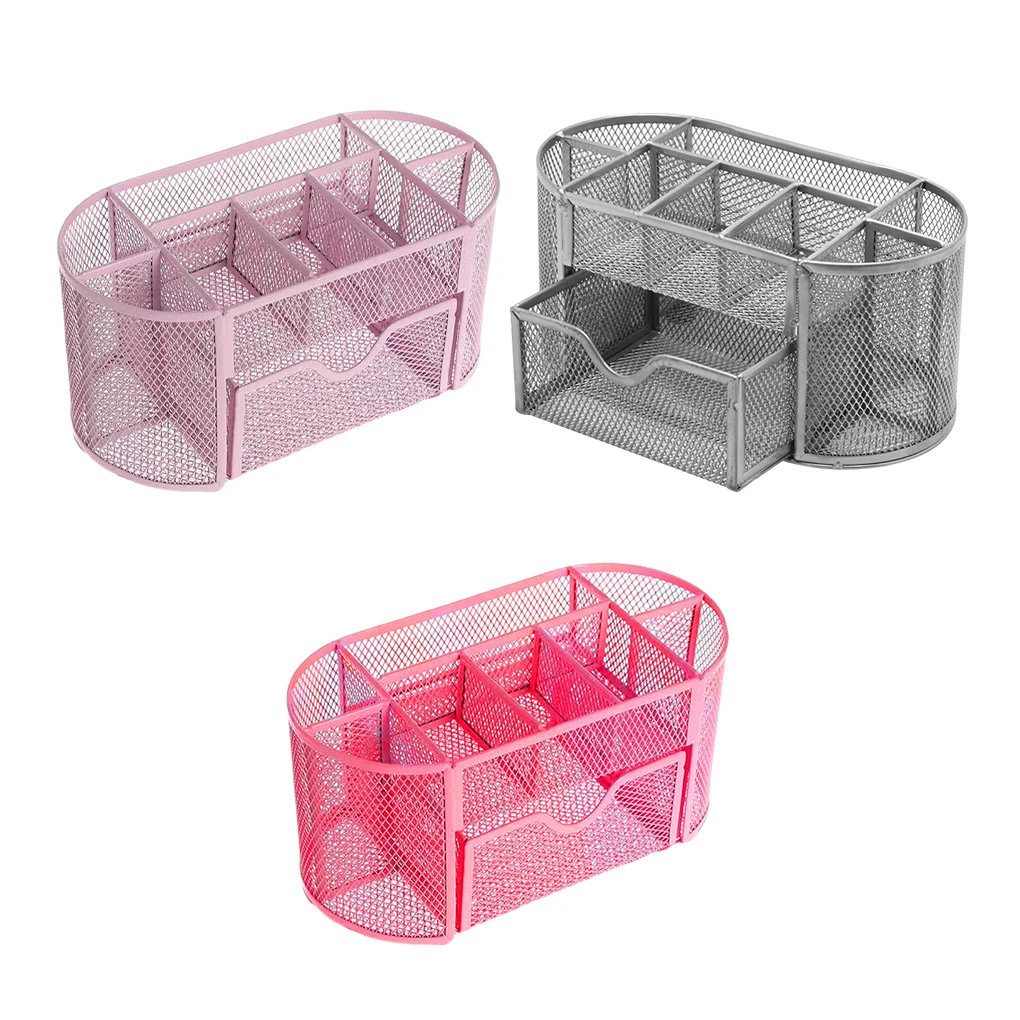 Metal Pen Holder - Durable And Rustproof Coating Large Capacity Neat Desk Top Drawer Storage Box Sakura Pink