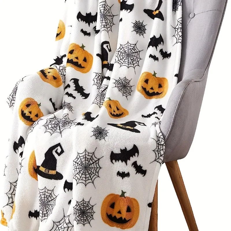 1pc  Theme Flannel Blanket Spider Web Witch Hat Black Bat Pumpkin Print Soft Cozy Throw Blankets Perfect Gifts