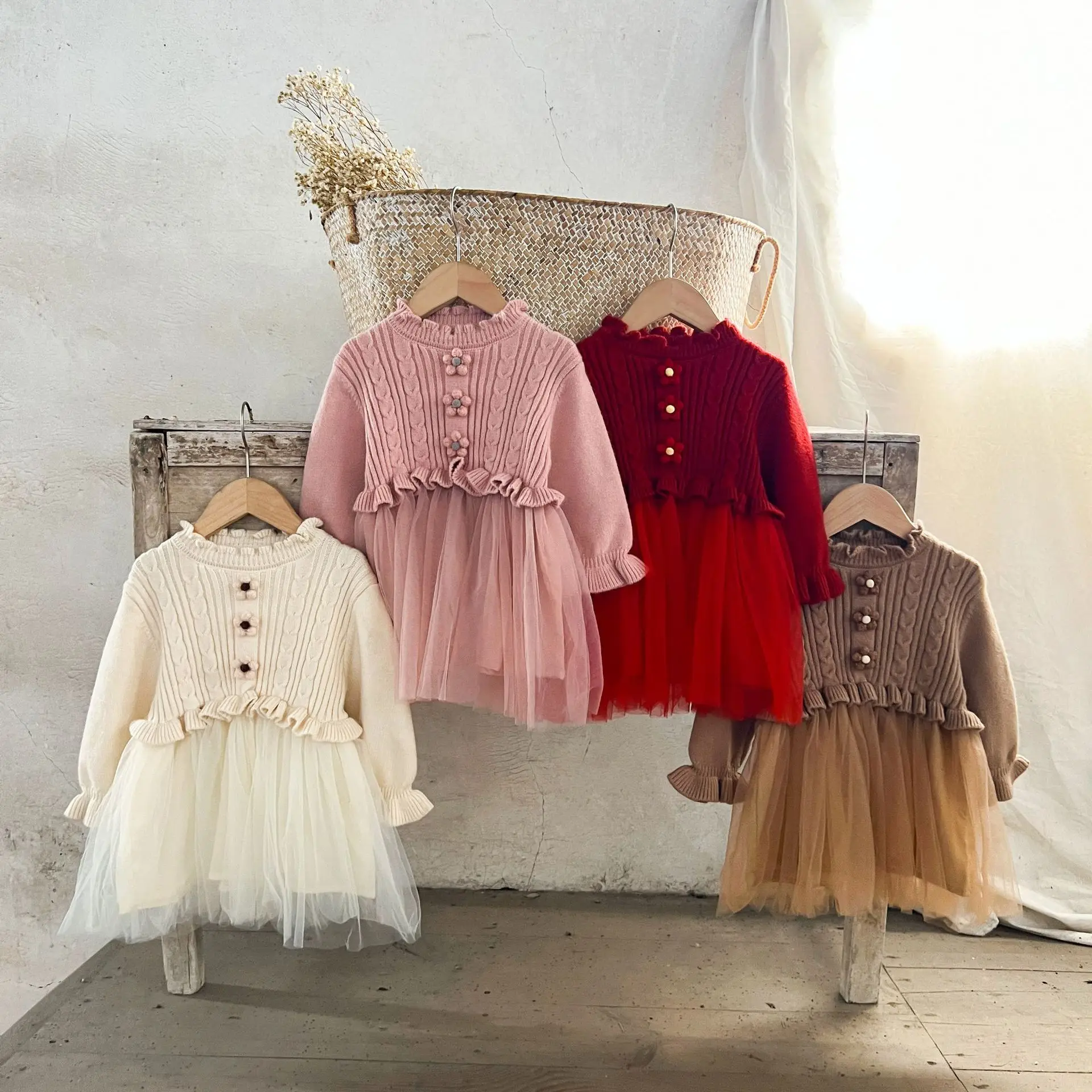 Ins Autumn Winter Babys Girl Princess Dress Flower Round Collar Infant Girls Knitwear Dress Long Sleeve Tulle Little Girls Dress