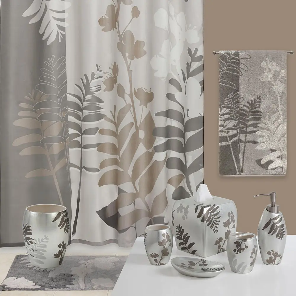 Olivia Grey Flower Polyester Waterproof Taupe Fabric Leaves Printed Decorative Tan Floral Shower Curtain