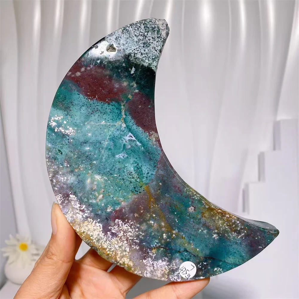 天然のカラフルなビッグオーシャンジャスパームーン、原石ジオードクラック入り、手彫りヒーリングクリスタルレイキ、ホームデコレーションクラフトギフト