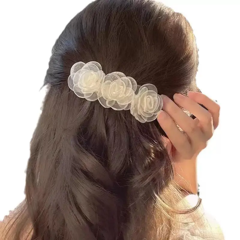1Pcs White Rose Flower Hair Clips For Women, Elegant Organza Satin Hair Barrettes, Bridal Hair Accessories For Wedding, Party