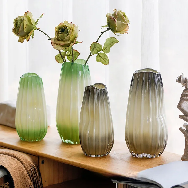 Glass Vase Gradient Color Vertical Stripe Wave Flower Vase Floral Arrangement Terrarium Home Decoration Accessories