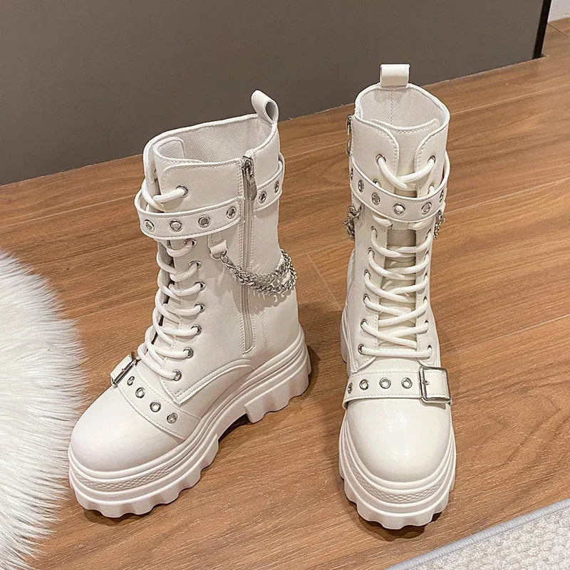 

Women Punk Boots Thick Heel Ankle Boots Women Chunky Sneakers High Heels Winter Platform Leather Shoes Woman Metal Chain Boots