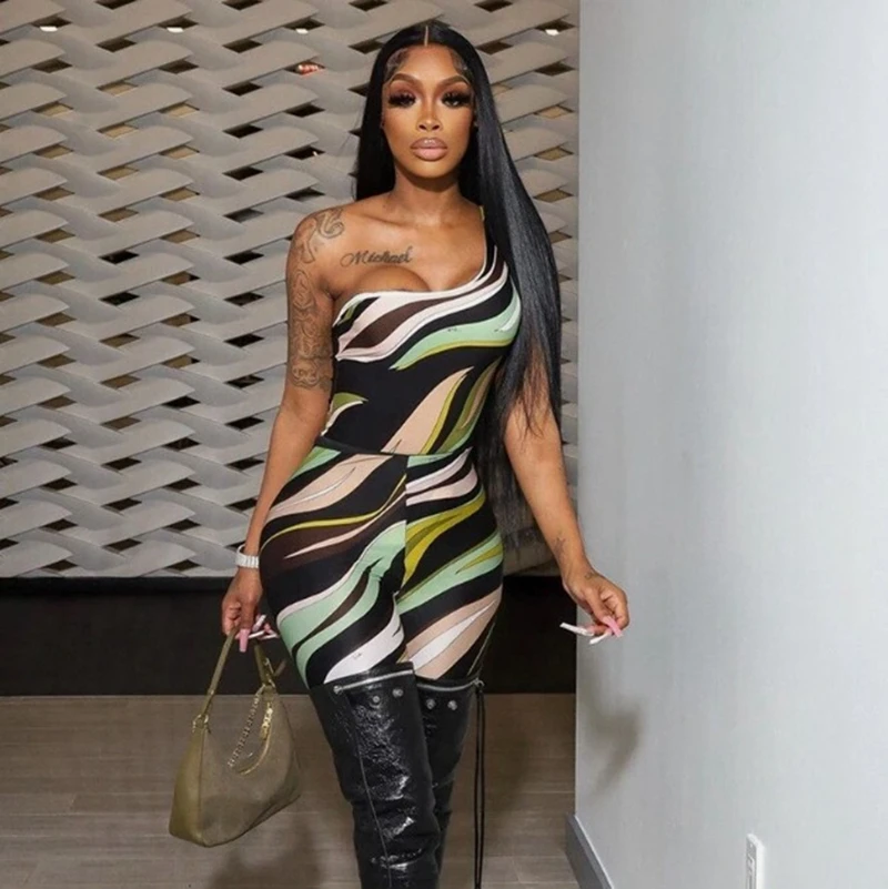 سيدة أنيقة التباين اللون مخطط مطبوعة رياضي 2 قطعة مجموعة المرأة كتف واحد المحاصيل الأعلى و نحيل بانت مجموعات 2025 الزي مثير #1