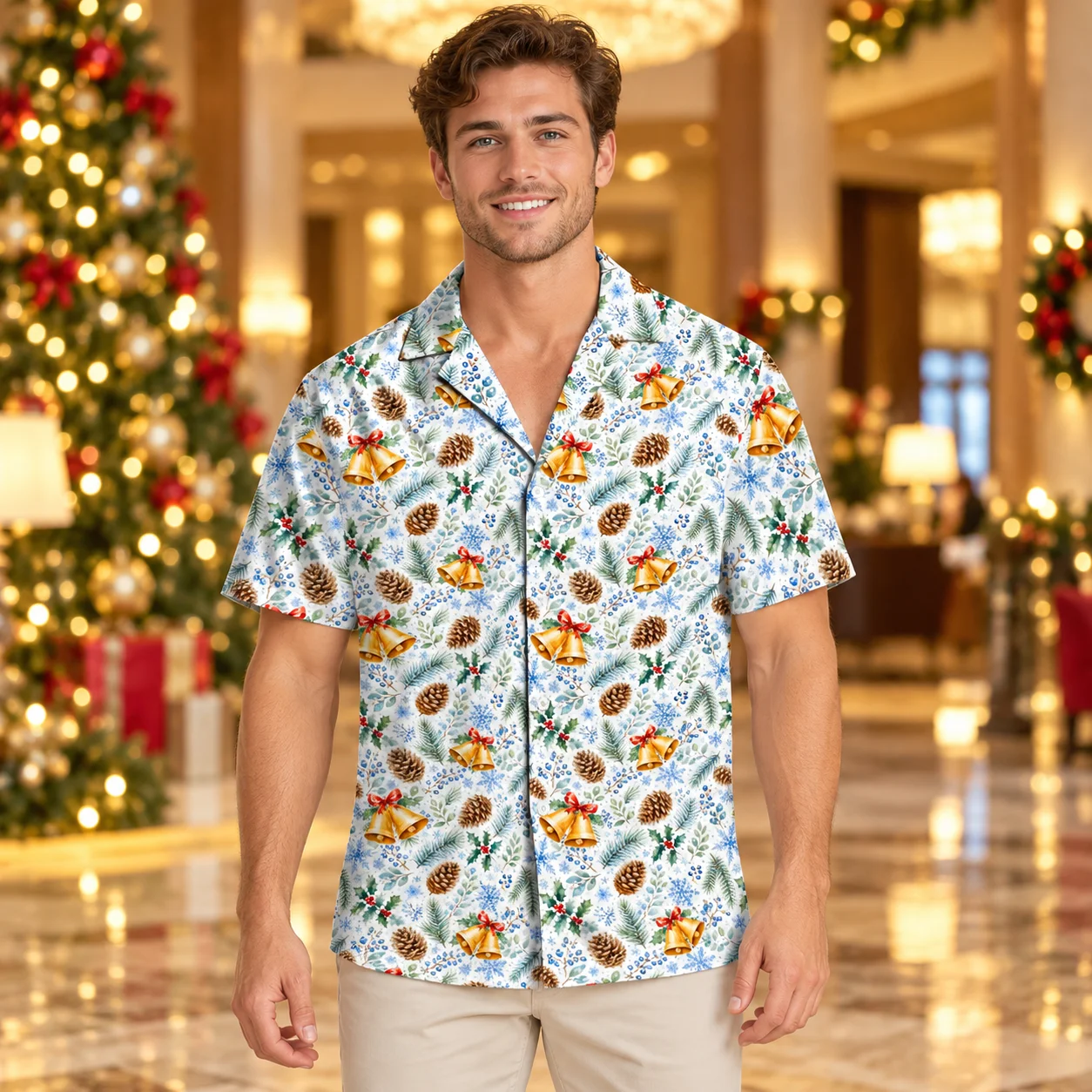 2027 Golden Bells and Pinecone Hawaiian Shirt White Christmas Holly Snowflake Print Men Short Sleeve Button Up Holiday Shirts