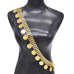 Golden Hollow Body Shoulder Chain Arab Kurdish Leaves Coin Charm Jewelry Diagonal Cross Body Trendy Dress Accessories Statement