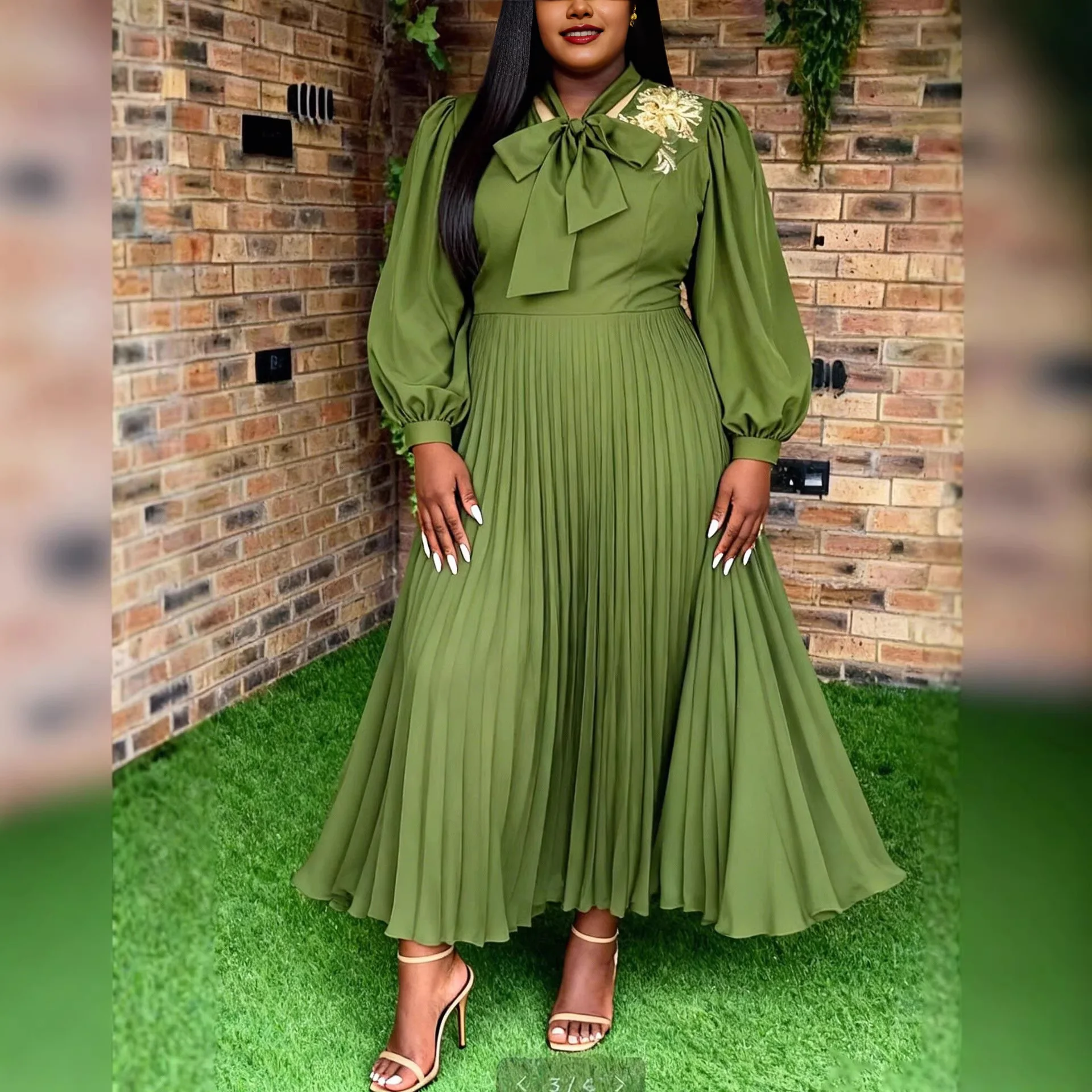 

Plus-size Women's Dress With Bow Embroidery, Lantern Sleeves, Waist-cinching, Slimming, Elegant And Stylish, Suitable For Y2K