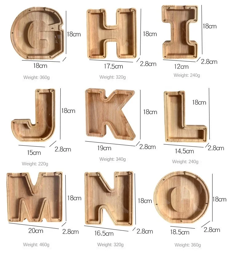 Sechsundzwanzig englisches Alphabet, Spardose, Münzen, Geld, Sparschwein, Holzbuchstaben, Spardose, Desktop-Ornament, Heimdekoration, Kunsthandwerk für Kinder – Detail 9