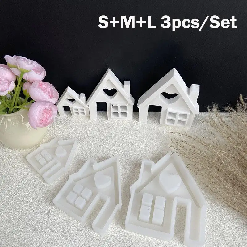 3pcs/Set Heart House Silicone Molds Light Heart House Concrete Moulds Casting Molds Houses Decoration Home Resin Casting Mould