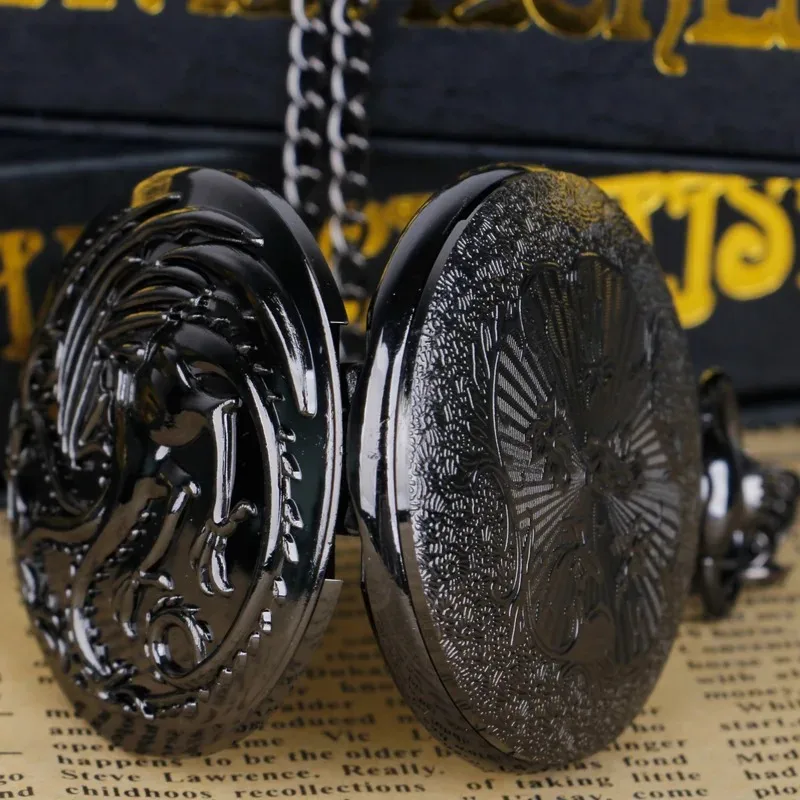 Black Vintage Quartz Pocket Watch Dragon Engraved Flip Roman Numerals Necklace Clock Unisex Student Gifts for Women Men