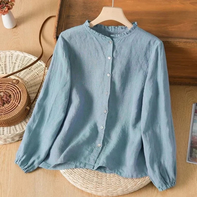

New Women's Blouse 2026 Spring Summer Age-reducing Versatile Ladies Tops Retro Cotton And Linen Long-sleeved Lady Shirt