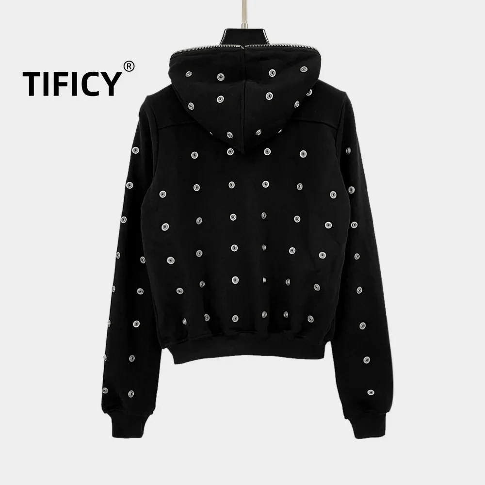 Hooded Sweatshirts Dark Women's winter High Street Style Multi Button Willow Nail Decoration Zip Up Hoodies Sweatshirt Jacket