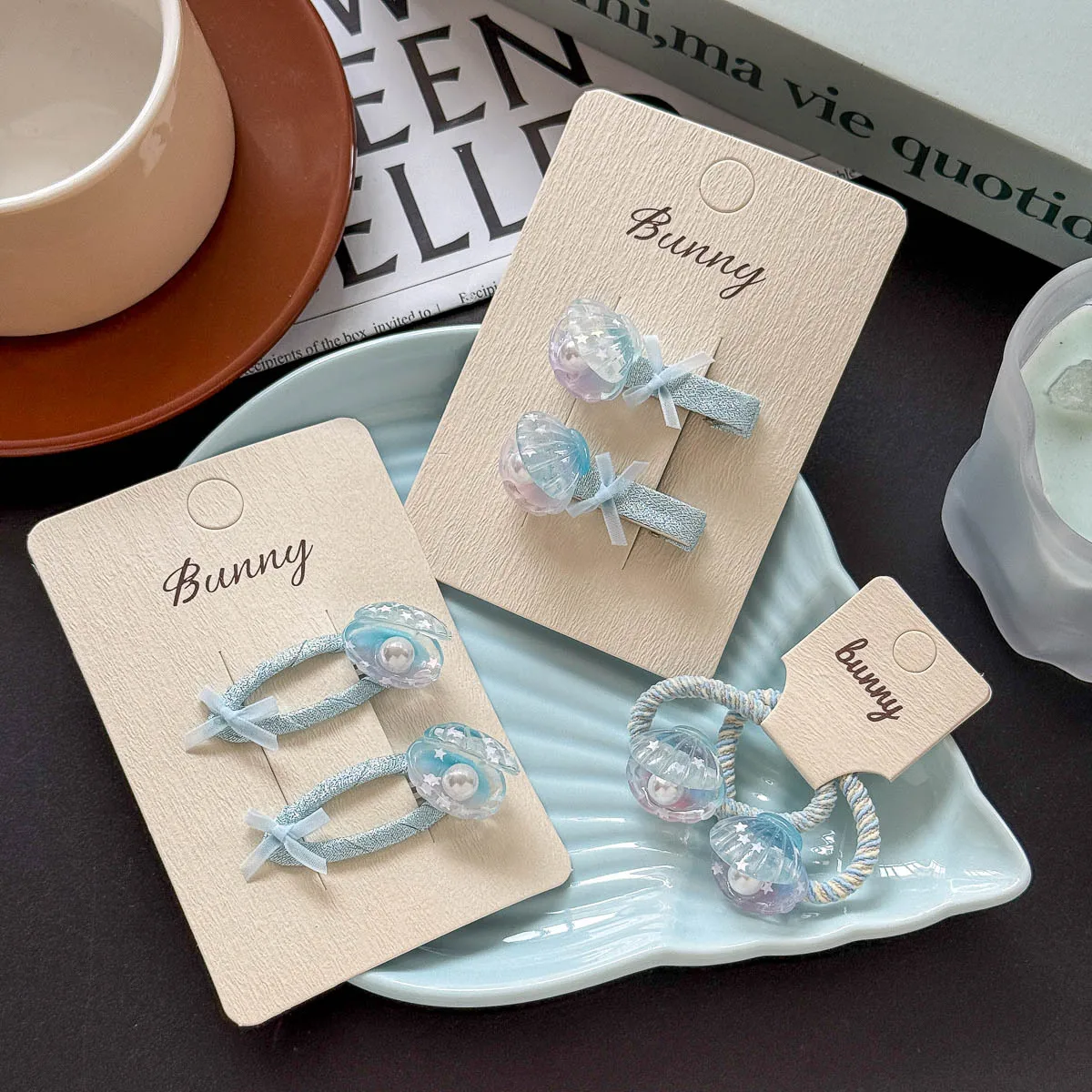 2pcs Children's Blue Hair Clips Bow Shell Hairpin Elastic Hair Band Baby Girls Hair Rope Tie Ponytail Holder Rubber Band Hairpin