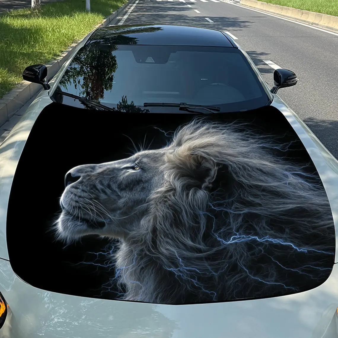 

Lightning White Lion Car Vinyl Wrap, PVC Waterproof Car Hood Sticker, Self-Adhesive Scratch-Resistant Stickers for Engine Cover,