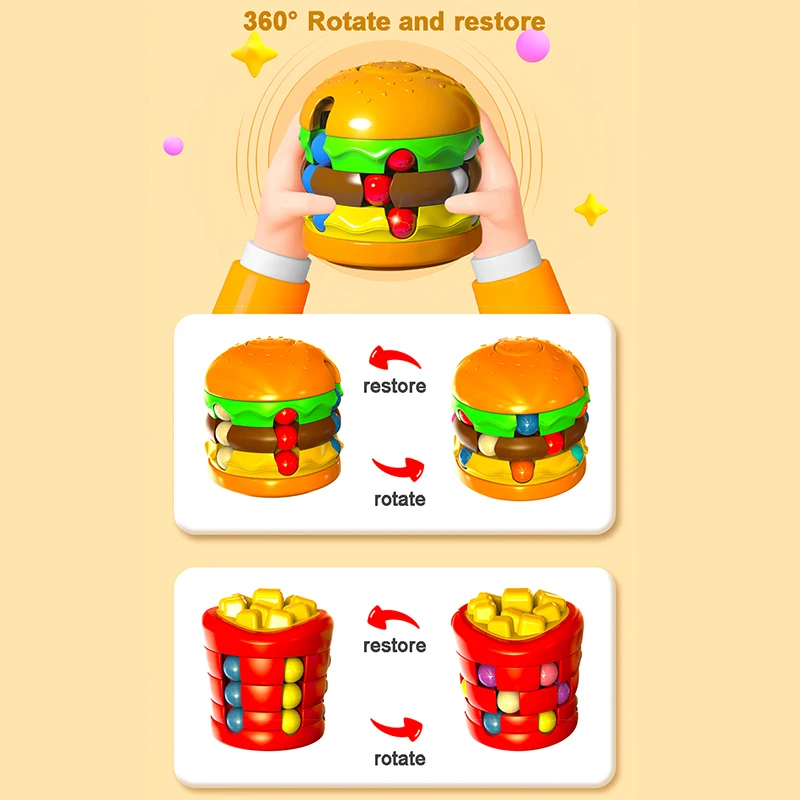 Kids Magic Cube Rotating Bean Hamburger Cube Fingertip Fidget Stress Relief Puzzle Game Toys for Children Adults Christmas Gift