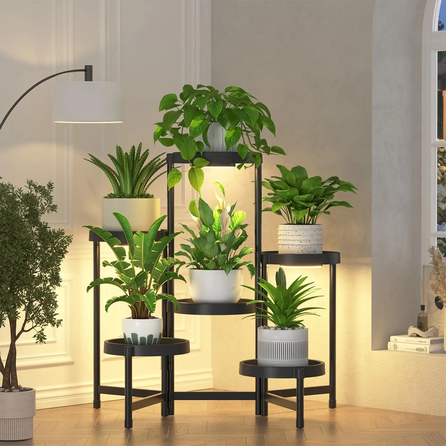 

6 Tier Folding Plant Stand with Grow Light for Indoor Plants, Corner Flower Shelf with Plastic Trays, Metal Display Rack for