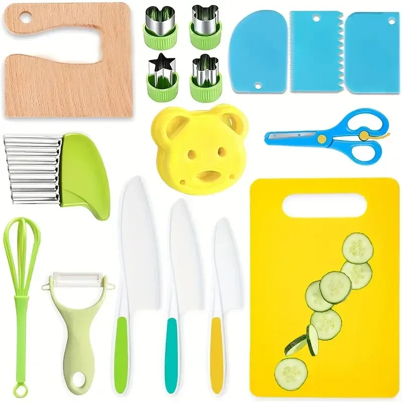 

17PCS Cooking Sets Real Cooking Montessori Kitchen Toys for DIY Plastic Kitchen Accessories Tools Toddlers Safe Knives Cutelo