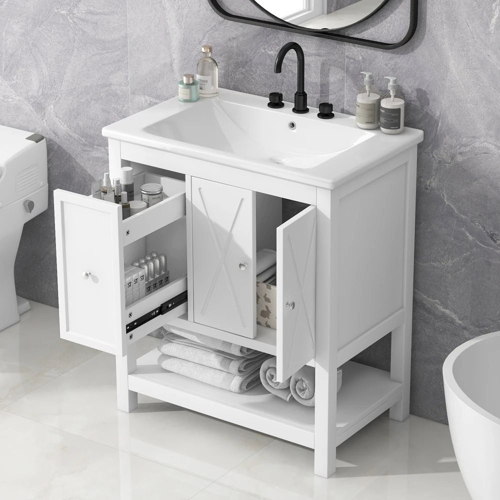

30" Bathroom Vanity with Sink Top, Bathroom Vanity Cabinet with Two Doors and One Drawer, MDF Boards, Solid Wood, One Package