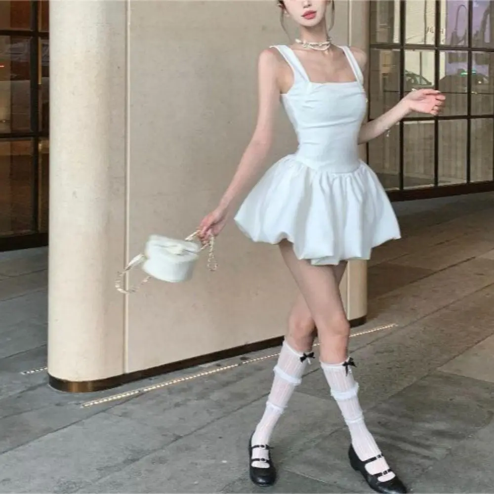 

Elegant French Style Camisole Dress Sleeveless Black White Bud Dress Slim Fit Puffy Dress Women Girl