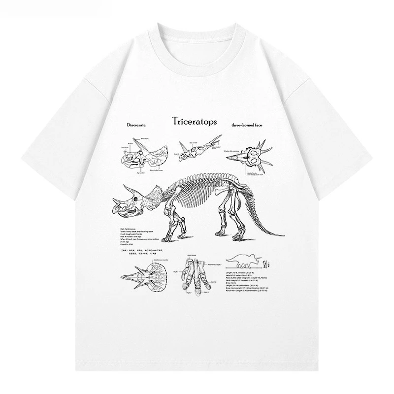 

Triceratops Analytical Map Printing Short Sleeve Cretaceous Dinosaur Fossils Popular Science Retro Design T-Shirt Loose Cotton