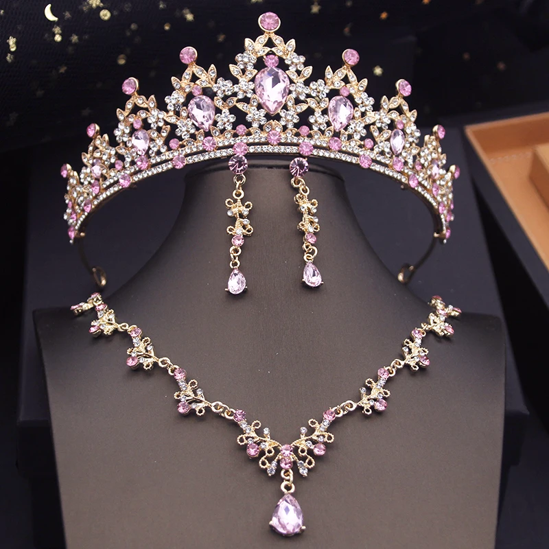 

Princess Pink Crown Bridal Jewelry Sets for Women Tiaras Choker Necklace Sets Wedding Dress Prom Bride Jewelry Accessories