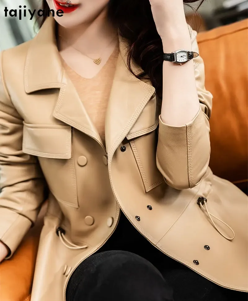 Tajiyane Elegant Leather Jackets for Women 2023 Genuine Sheepskin Leather Jacket Women Waist Drawstring Slim Leather Coat Top