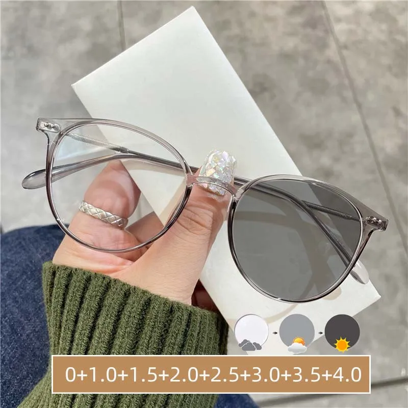 

Men Women Ultra Light Round Frame Presbyopia Eyewear Fashion Color Changing Far Sight Glasses Intelligent Photochromic Goggle