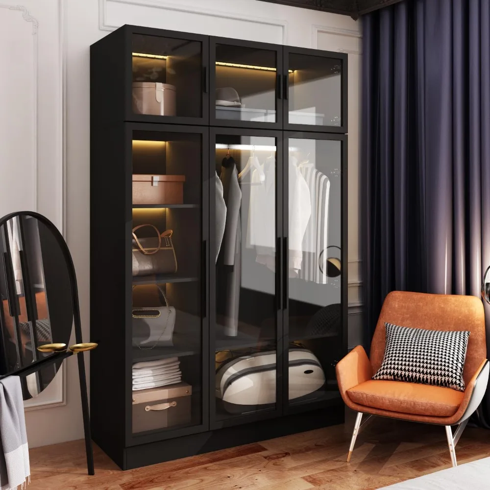 Wardrobes with LED Lights, 5-Tier Shelves and 6 Glass Doors, 47.2