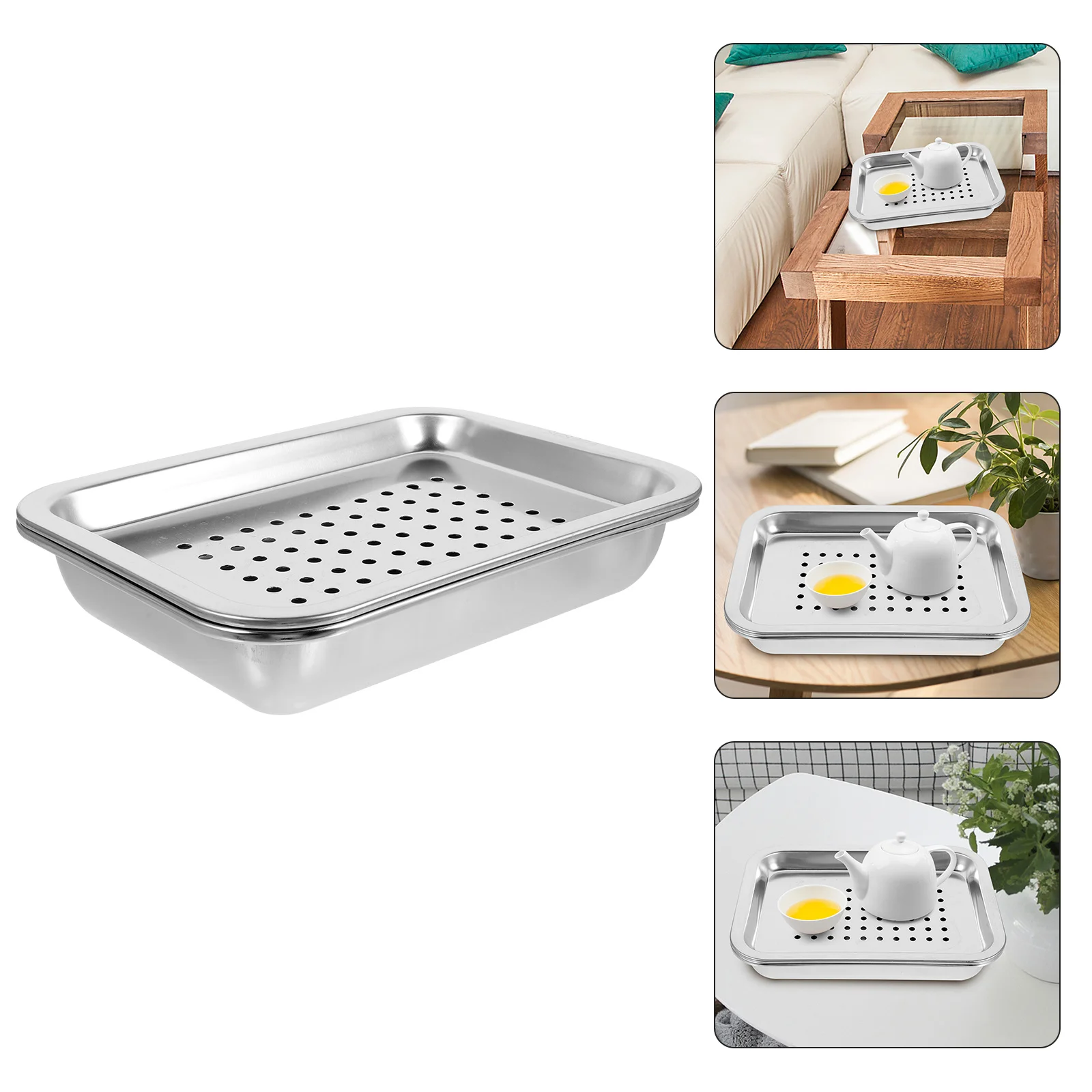 

1 Set Stainless Steel Tea Tray Hollow Design Drainable Metal Serving Plate For Home Restaurant Bar Use Teacup Tray Tea Plate