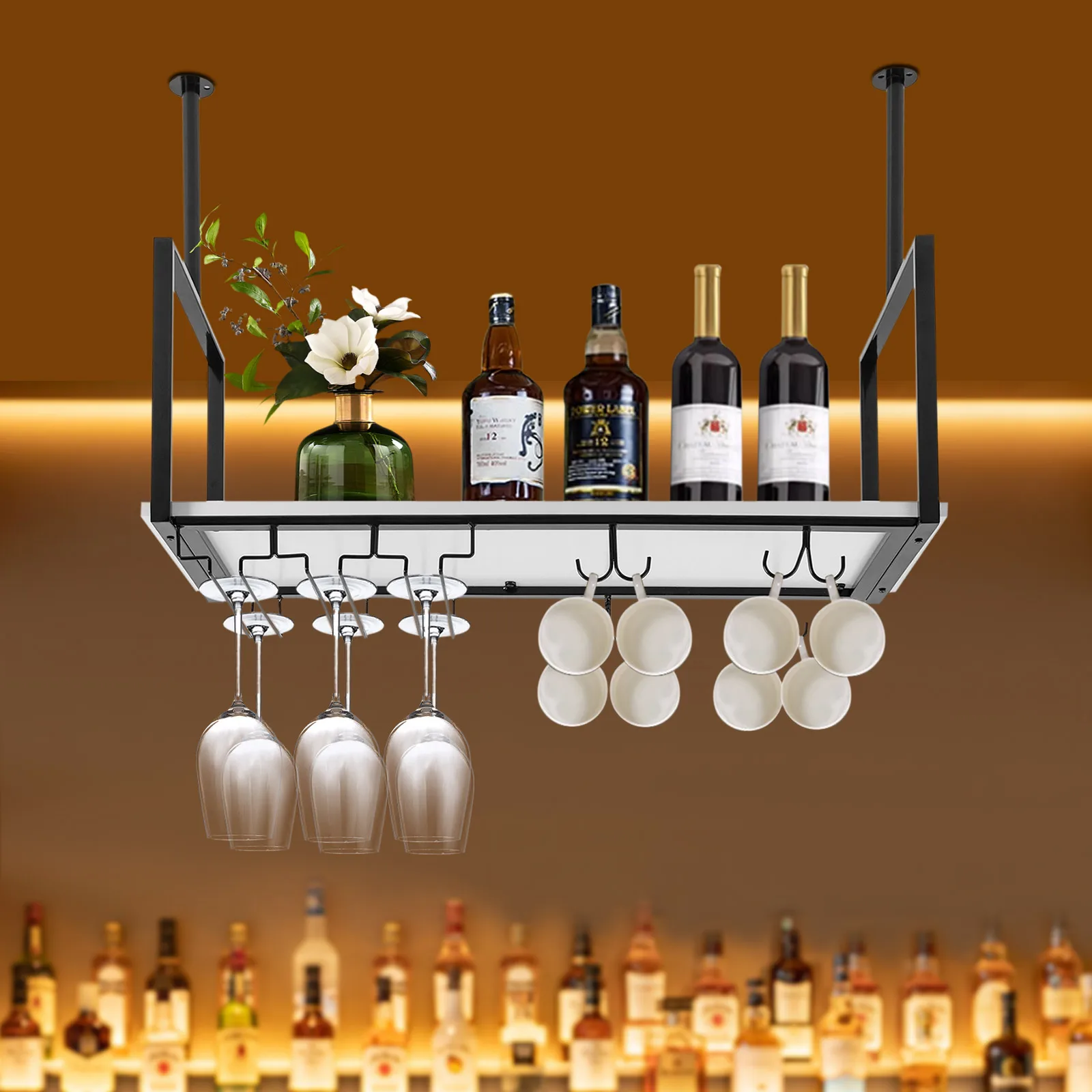 

Ceiling Wine Glass Rack - 31.5 inch Metal Wine Rack with 2 Kinds Glass Holder