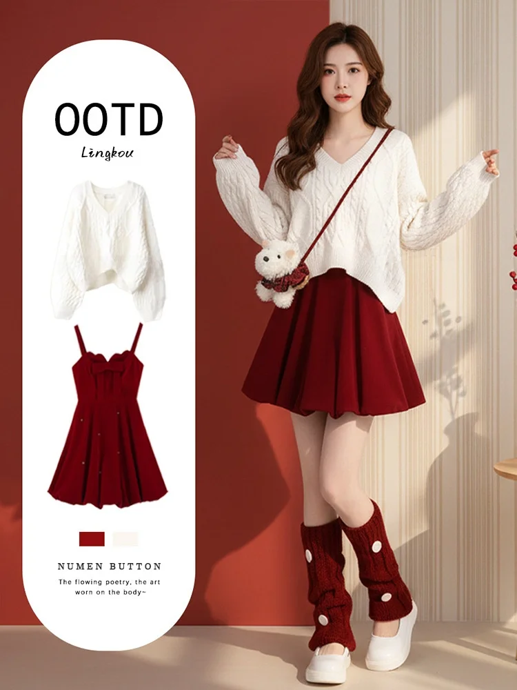 

Sweet Sle Вязаный свитер Dr Set для женщин Свободный крой Осень Зима Красный новогодний костюм Комплект из двух предметов Повседневная юбка трапециевидной формы