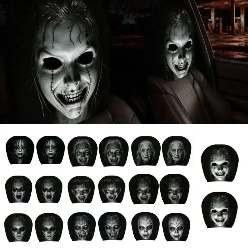 Ghost Face Headrest Covers, Scary Face Printing Auto Seat Universal Elastic Models Headrest Protector with Glowing-Eye Effects