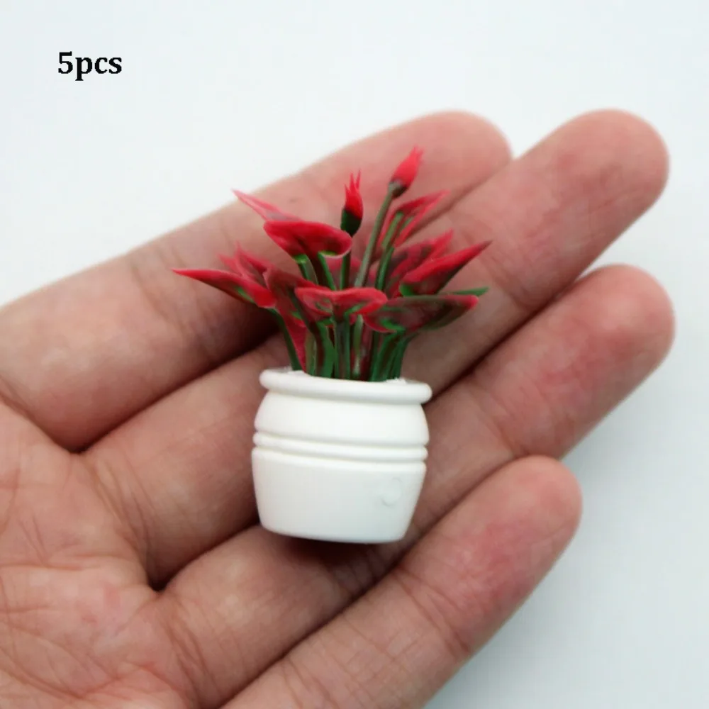 

5pcs Mini 1:12 Dollhouse Miniature Plant Plastic 4 Styles Simulation Vase Finished Flower Outdoor Doll House Model Accessories