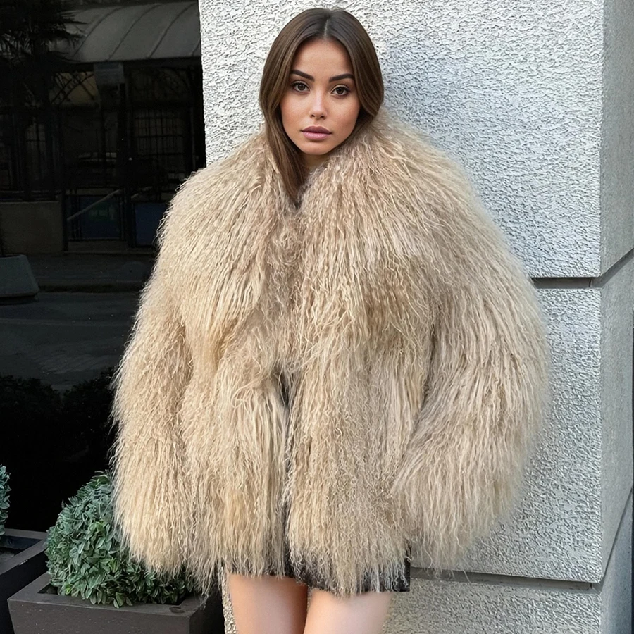 จริงแกะมองโกเลียเสื้อขนสัตว์พร้อมคอสั้นของแท้ Lamb Fur Coat สีขาวเสื้อผ้าหรูหราแจ็คเก็ตหนังผู้หญิง