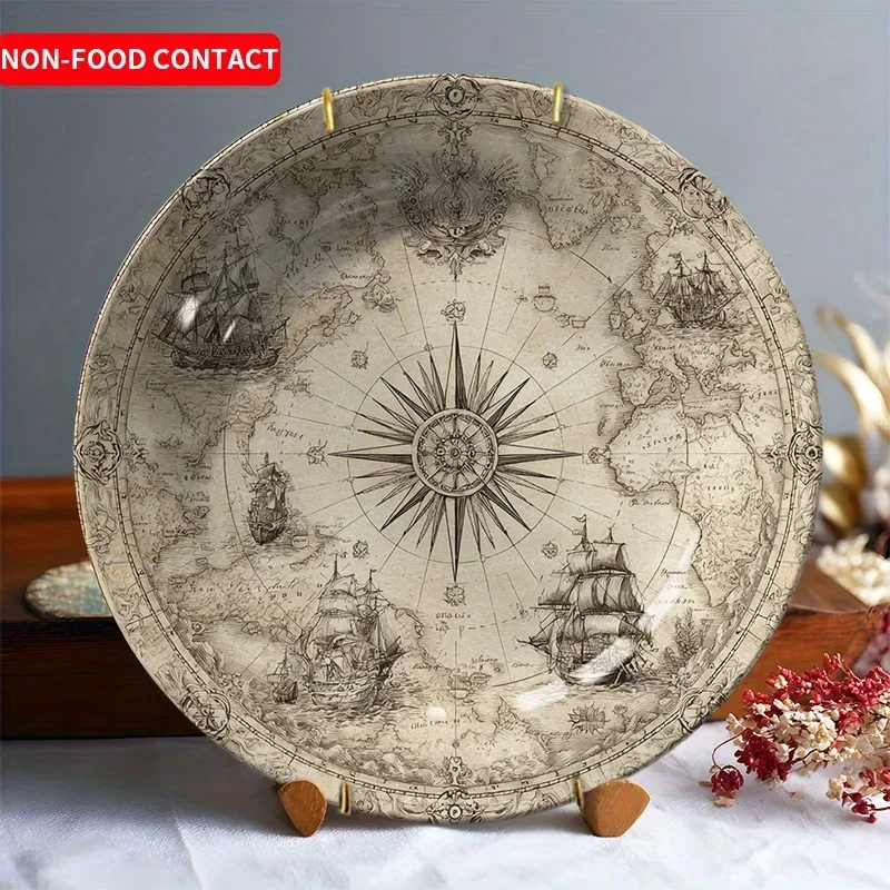 Vintage Nautical Map Ceramic Decorative Plate - Non-Food Contact, Round Art Deco Style with Compass & Ship Illustrations, Ideal