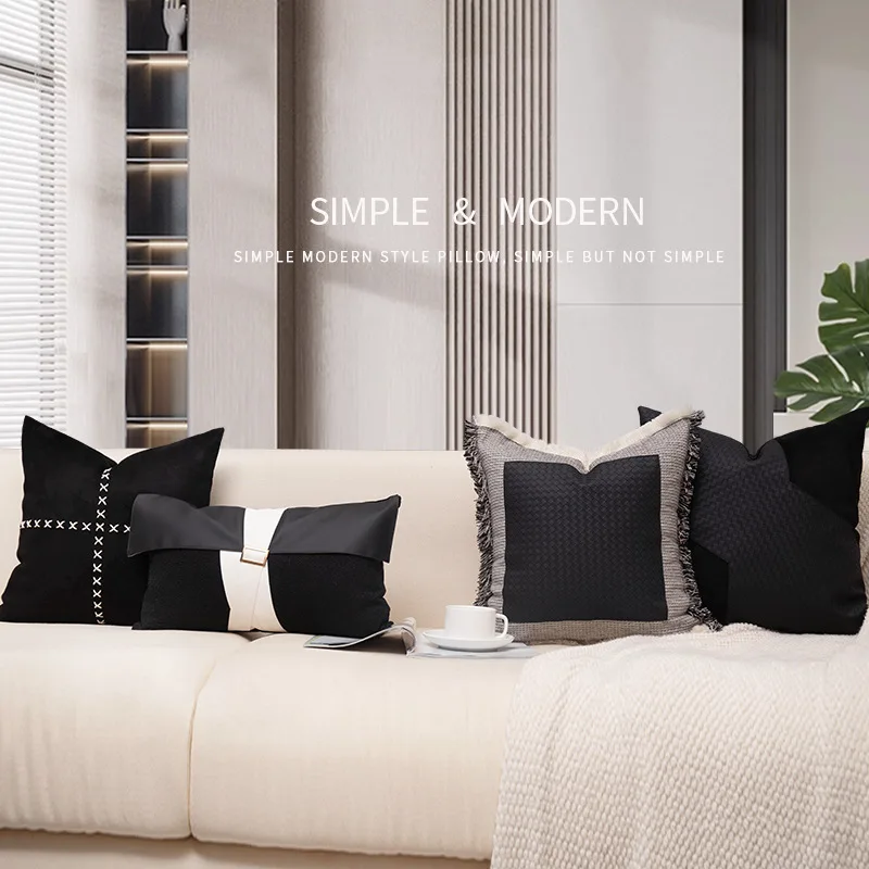 handmade black white woven leather cushion cover modern pu leather pillowcase sofa pillow cover