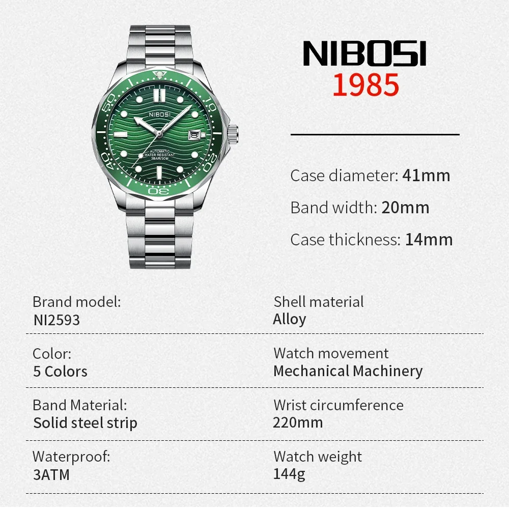 NIBOSI Luxury Automatic Watches Men's Mechanical Watch Dive Stainless Steel Waterproof Date Watch Relogio Masculino Reloj Hombre