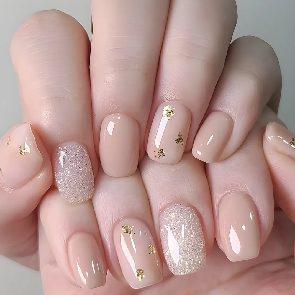 24Pcs Flash Fake Nails Short Square Head Ballet False Nail with Gold Foil Design French Press on Nails Full Cover Acrylic Tips