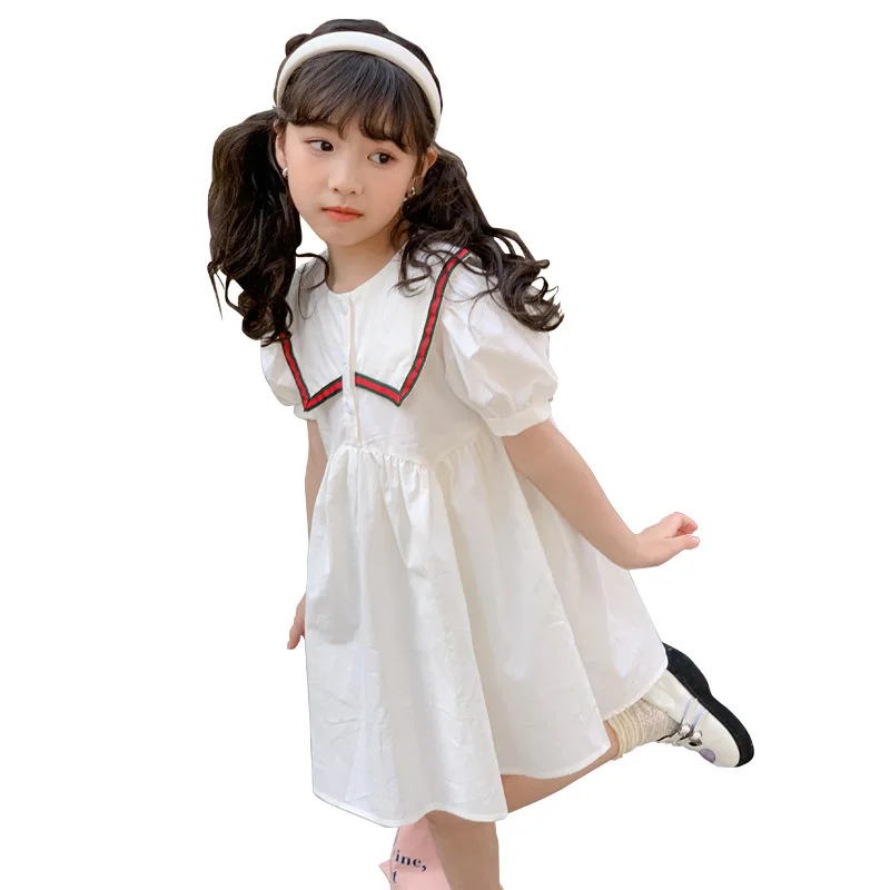 2024 Korean Summer Junior Girl Academy Style Navy Dress Children Girl Bubble Sleeve One-piece Dress School Girl Princess Dress