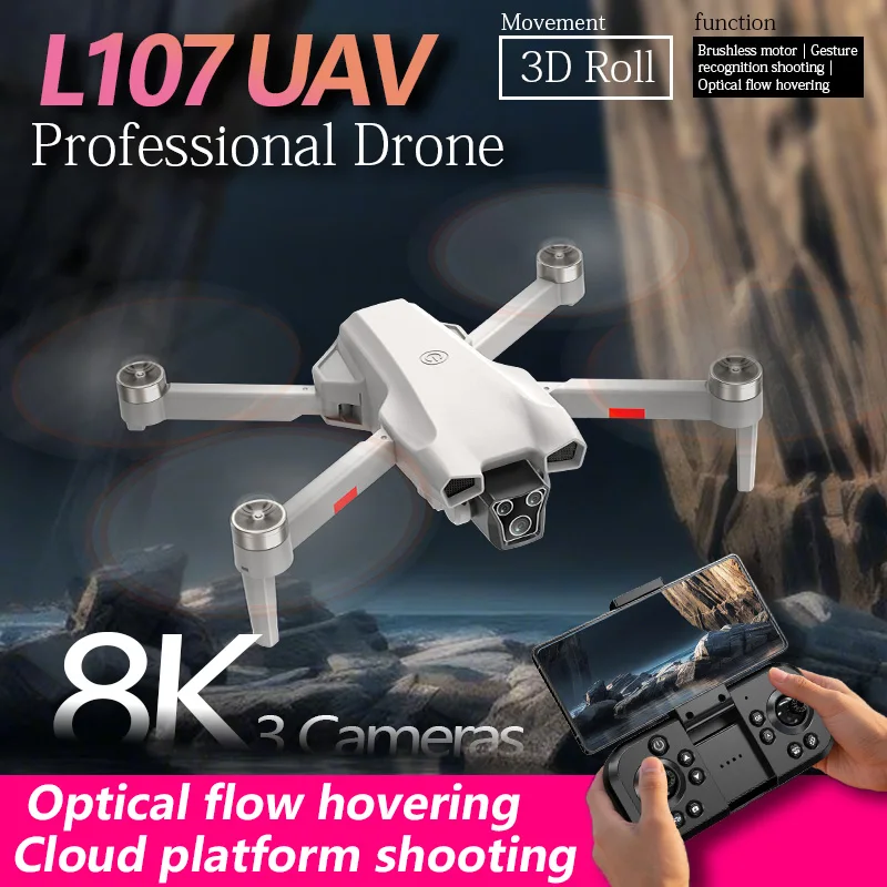 2026 New L107 Aerial Photography Drone 8K HD Triple Cameras Brushless Motor 360° Roll GPS Tracking Cruise RC Quadcopter Aircraft