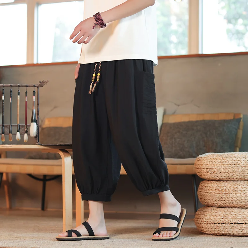 

Летние тонкие мужские свободные брюки в китайском стиле, повседневные брюки-фонарики, модные брендовые мужские шаровары больших размеров с восемью точками