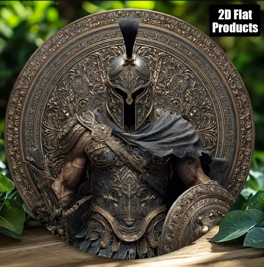 Spartan Warrior with Shield Round Tin Sign, 2D Flat Printing Ancient Greek Metal Wall Plaque, Mythology Decor for Man Cave, Bar,