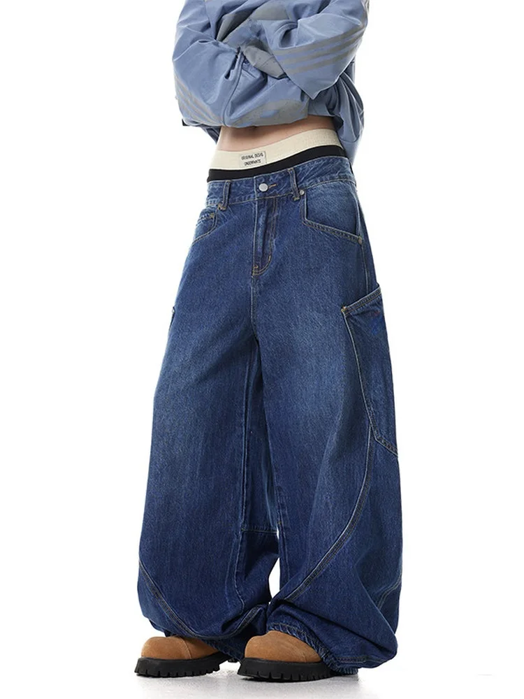 Calças Jeans Unissex de Design Retrô com Bolsos Grandes, Estilo Vintage Folgado, Perna Larga, Bordadas, Comprimento Longo, Mo...