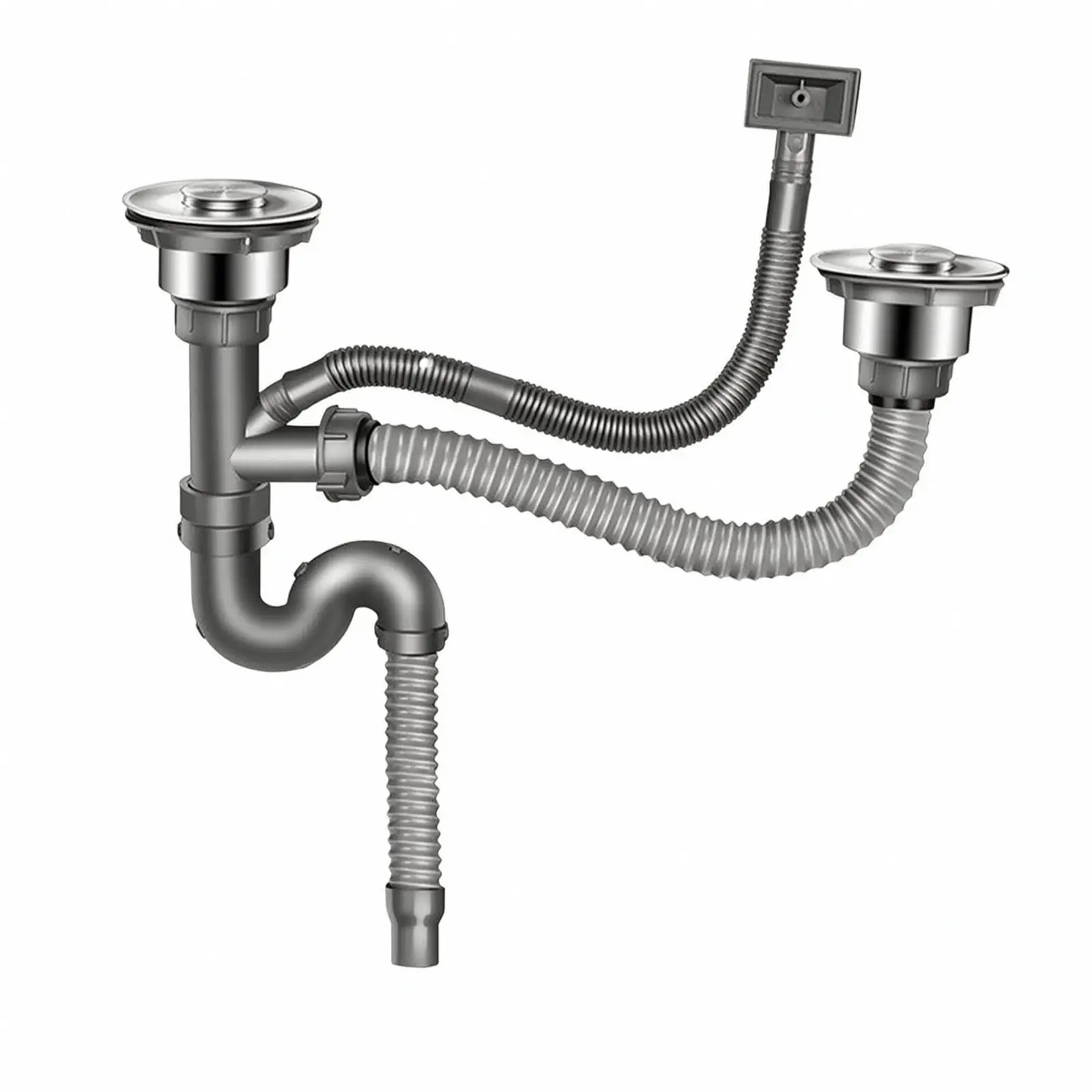 Dual Kitchen Tub Drain Kit Flexible S Bend Pipe 42cm Adjustable Silicone Gasket for Standard Double Basin Sink